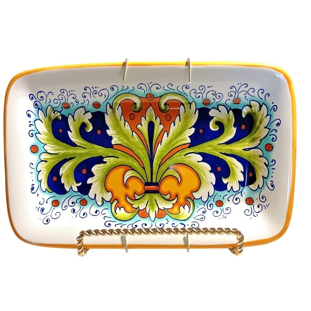 Hand-Painted Nova Deruta Ceramic Tray Made In Italy Multicolor Rectangular Plate
